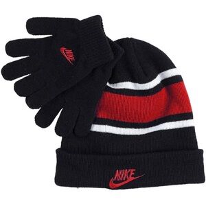 Nike Boy`s Futura Foldover Beanie & Glove 2 Piece Set (Black(9A2837-R1N)/Red,